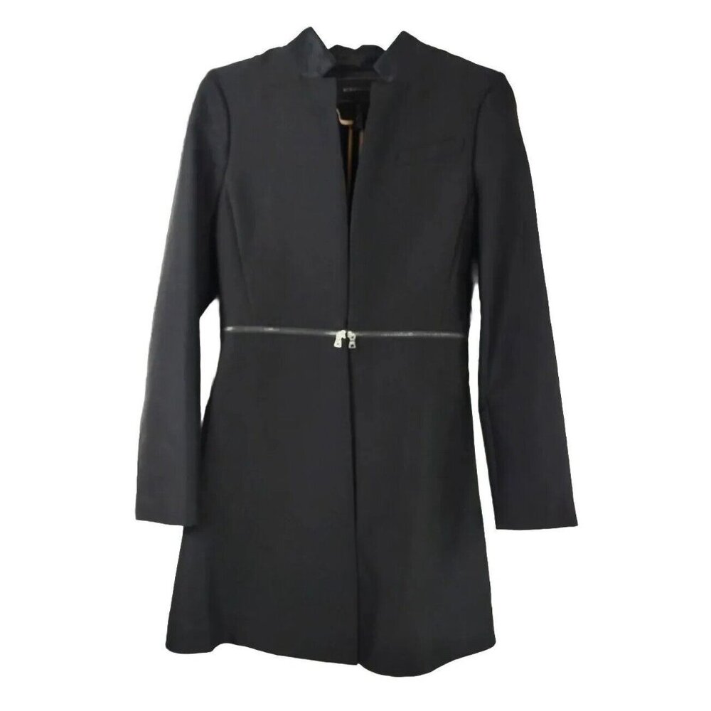 BCBG Max Azria Coat Womens XS Black Zipper Accents Nehru Hipster Cool Long Coat